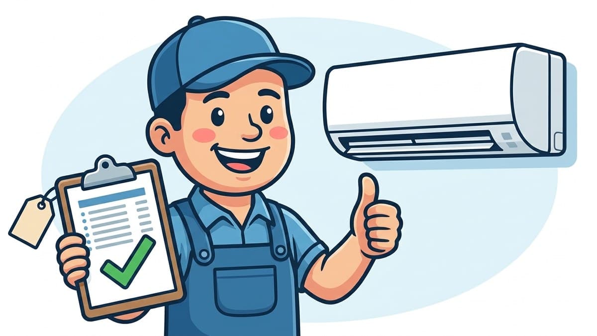 Cool Aircon mascot holding a checked price list and giving a thumbs up beside a clean aircon