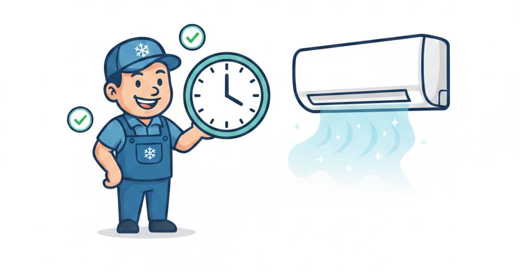 CoolAircon mascot holding a clock beside a clean, cool-blowing aircon — a reminder to service on schedule