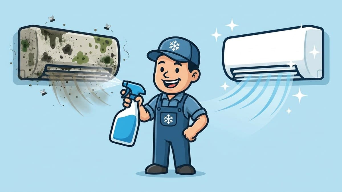 Illustration of the Cool Aircon mascot performing a chemical wash — a dirty, mouldy aircon on the left and the same unit clean and blowing cool air on the right