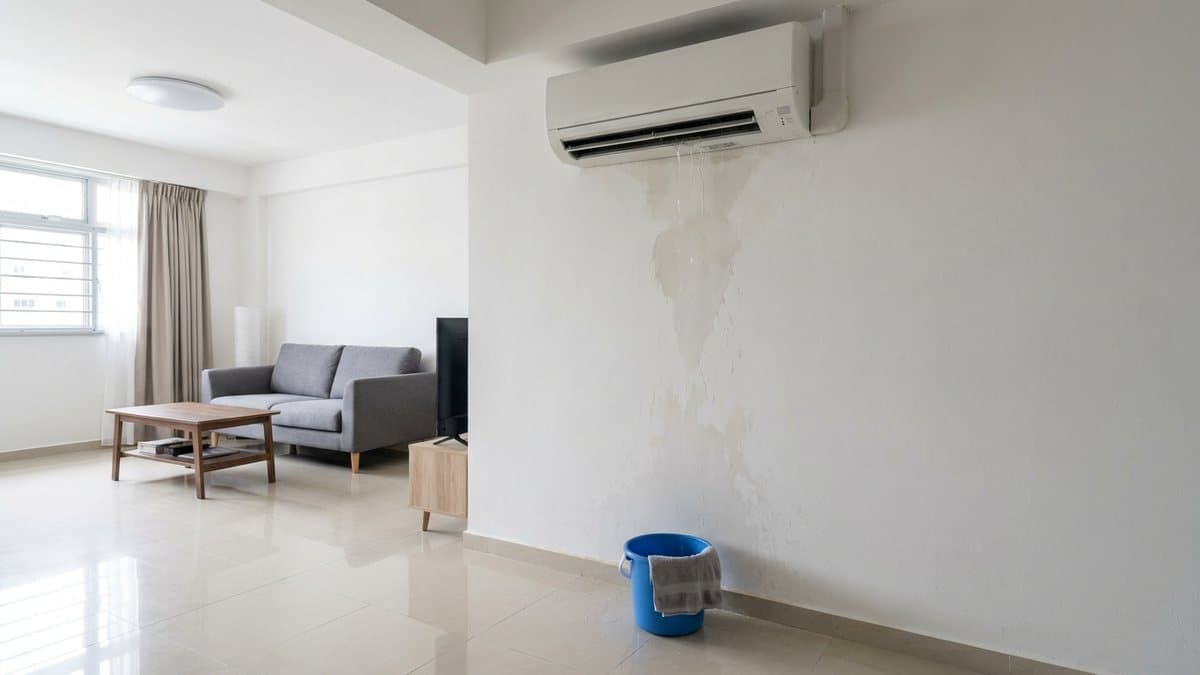 Water dripping from the front of a white wall-mounted aircon in a Singapore home, with a towel and container catching the drips